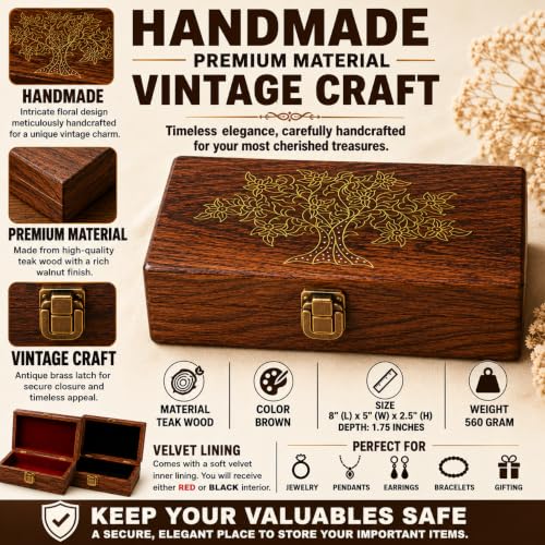 collectiblesBuy Handmade Wooden Box Hinged Lid Brown keepsake Unfinished Jewelry and DIY Crafts Storage Box for Women Jewel Organizer Golden Floral Print Decorative Wood Stash Boxes Walnut Finish