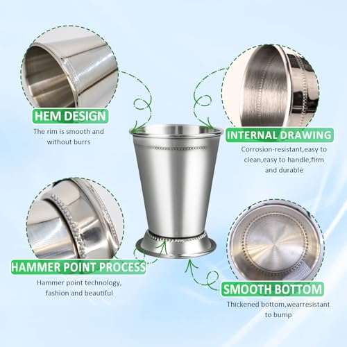 Mint Julep Cups，Silver Cups，Stainless Steel Glasses Set,Each one holds 12 ounces,Julep cup is a commonly used drinking vessel for summer parties,family gatherings,restaurants,bars，KentuckyDerby 4 Pcs