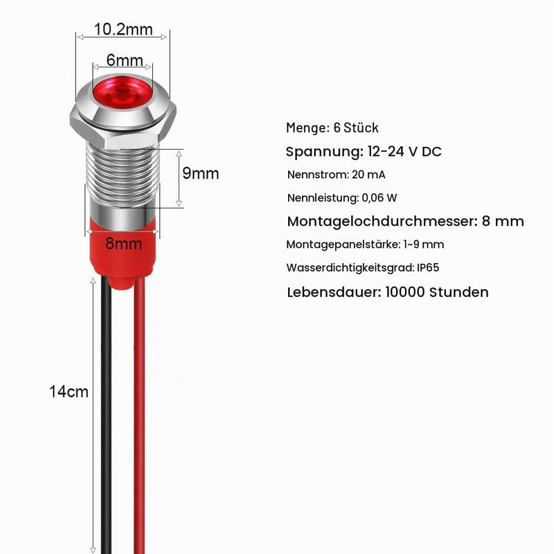 GUUZI 8mm LED Indicator Light 12-24V Waterproof Signal Light Metal Plate LED Indicator Signal Light Plate Mount Flat Head with Wires Silver Housing (Red, 6 Pieces) Red