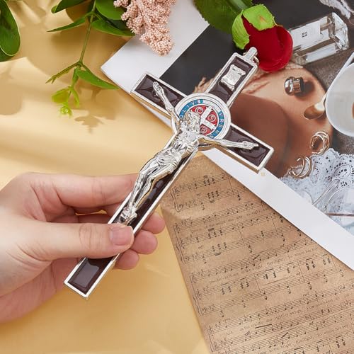 DICOSMETIC 1Pc 19.2x9.8cm Small Alloy Wall Cross Saint Benedict Wall Crosses Jesus Christ Crucifix Brown Enamel Crucifix Catholic Christian Cross Decor Easter Gifts for Women Men Coconut Brown
