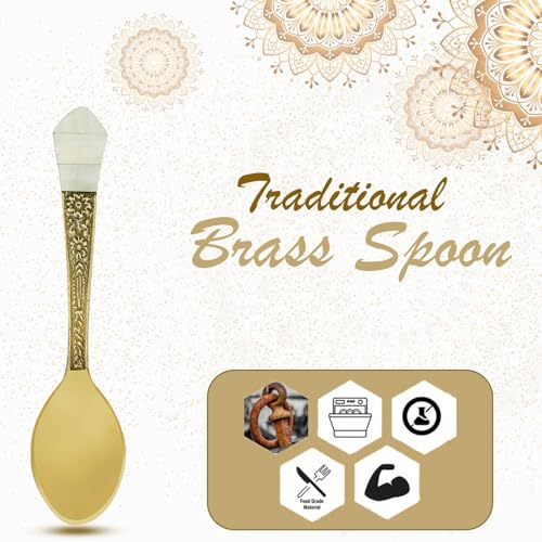 Luxury Teaspoons Antique Brass & Mother of Pearl Inlaid Spoon Set, Gorgeous Small Mixing Sugar Spoon, Dessert Spoon Set Brass Tableware (Set of 4) 5 Inches Set Of 4