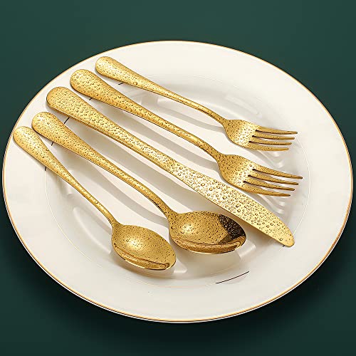 Gold Silverware Flatware Set for 8, 40 Piece Stainless Steel Cutlery Set With Titanium Golden Plated, Tableware Kitchen Utensil Include Spoons, Forks, Knives, Mirror Polished, Dishwasher Safe Gold