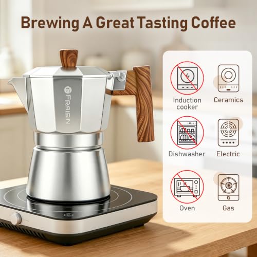 Stovetop Espresso Moka Pot Coffee Maker, Non-slip Wood Grain Handle, Cast Aluminum, Compatible with Gas, and Electric Stoves (Silver, 3 cups) Silver 3 Cup-5 OZ/150 ml