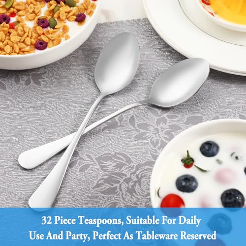 32 Pcs Teaspoons Set, Food Grade Stainless Steel Tea Spoons, Durable Small Spoons, Metal Dessert Spoon, Spoon Silverware for Home, Kitchen or Restaurant, Mirror Polished & Dishwasher Safe, 6.7-Inch 32