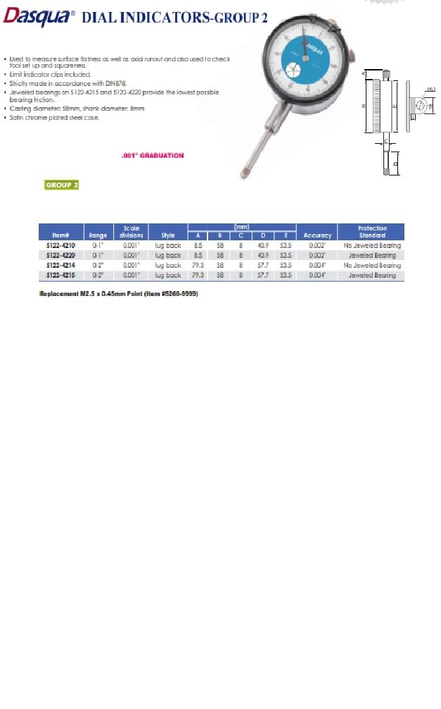 [Australia - AusPower] - Dasqua 5122-4210 0-1" Lug Back Large Measuring Range Dial Indicator Jeweled 0-1" / 0.001" - Lug Back 