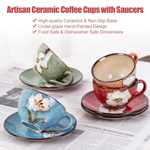 8 Oz Floral Porcelain Cappuccino Cups with Saucers Set of 4, Stoneware Tea Coffee Mugs for Home Kitchen & Office, Dishwasher Microwave Oven Safe, for Espresso, Latte, Americano, Milk & Tea, Mix