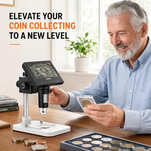 Elikliv Microscope, LCD Digital Coin Microscope 1000x, Coin Magnifier with 8 Adjustable LED Lights, PC View Compatible with Windows/MacBook, EDM4, 4.3-Inch White