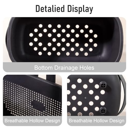Large black plastic shower caddy basket with handles, ideal for organizing toiletries in bathrooms.
