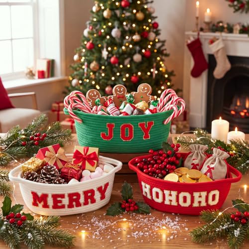 Fumete Christmas baskets set with chenille rope, woven ornament storage baskets, three empty decorative baskets for holiday decor