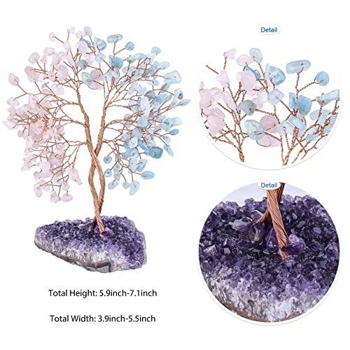 KYEYGWO 6" Aquamarine & Rose Quartz Crystal Money Tree for Wealth Good Luck Pink & Blue