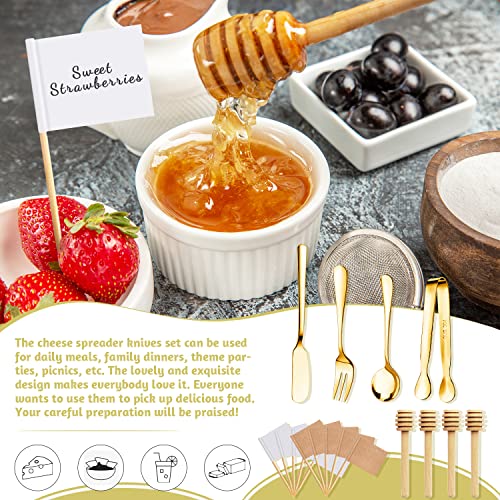 Charcuterie Boards Accessories 64Pcs Cheese Butter Spreader Knives Set Charcuterie Utensils Mini Serving Spoons and Forks Small Serving Tongs Sauce Cups Honey Dippers Toothpick Flags for Pastry Making Gold