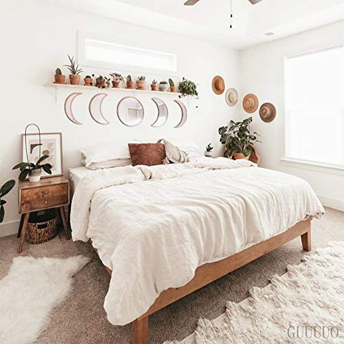 Scandinavian Decor 5-Piece Acrylic Wall Decor - Wooden Moon Phase Mirror, Bohemian Design for Living Room, Bedroom - Beige