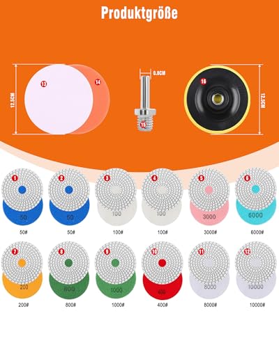 Diamond Polishing Discs Set of 16 – 125 mm 50-10000# with M14 Backing Pad | Concrete grinding disc for granite, stone, concrete and marble, includes M14 backing plate and adapter for polishing work 16 pieces 125mm diamond polishing discs