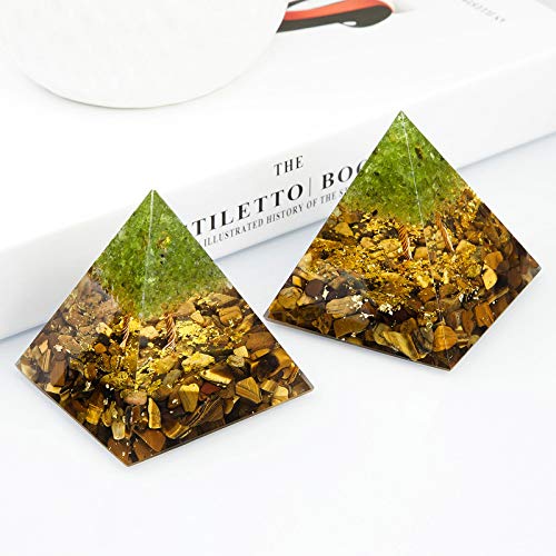 Nupuyai Tree of Life Peridot and Tiger's Eye Crystal Orgone Pyramid Stone for Protection, Reiki Healing Chakra Meditation Energy Generator for Home Decor Tiger's Eye Stone