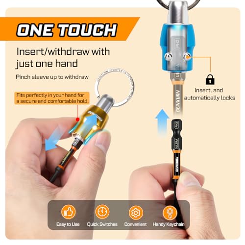 Geinxurn 25Pcs Magnetic Drill Bit Holder Keychain Set, 1/4" Hex Shank Quick-Change Bit Extension Aluminum Alloy Screwdriver Bit Holder, Incl. Step Drill, Screwdriver Bits, Sockets Adapter, Nut Driver 25pcs Bit Holder Keychain Set