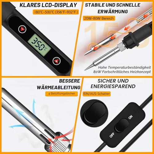 80 W Soldering Iron Set with LCD Temperature Display, 7s Fast Heating & Adjustable 180-500 °C, Complete Set with Soldering Stand, 50 g Soldering Wire, Desoldering Pump, 5 Tips & Accessories, Electronic Repair