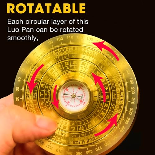 Feng Shui Golden Compass, Solid Brass Bagua Feng Shui Luo Pan for Home Office Decoration, Rotatable Good Luck Minis Chinese Auspicious Amulet, Traditional Fengshui Compass Ornament Glod-B