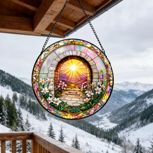 7.87 Inch Religious Stained Glass Window Hanging,Sky Mirror Stained Glass Suncatcher Window Panel Christianity Suncatcher Decor for Birthday for Women, Men, Wife, Aunt, and Mom Sky Mirror&flower
