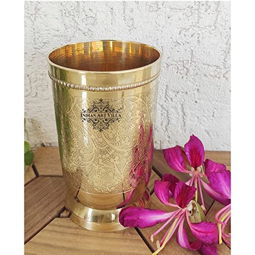 Indian Art Villa Brass Glass Tumbler, Embossed Design, 11 Oz Each, Set of 2