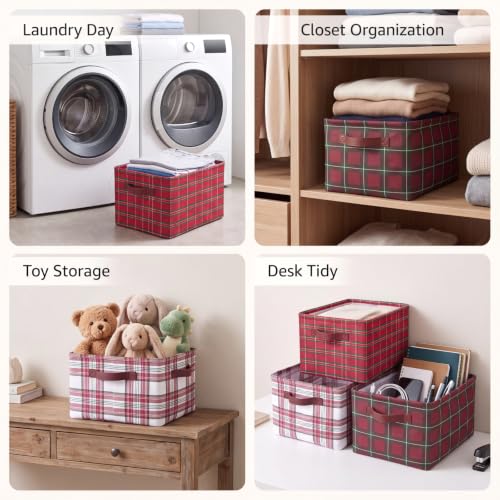 Junkin 3 Pcs Red Tartan Christmas Storage Basket with Handle for Gift Empty
