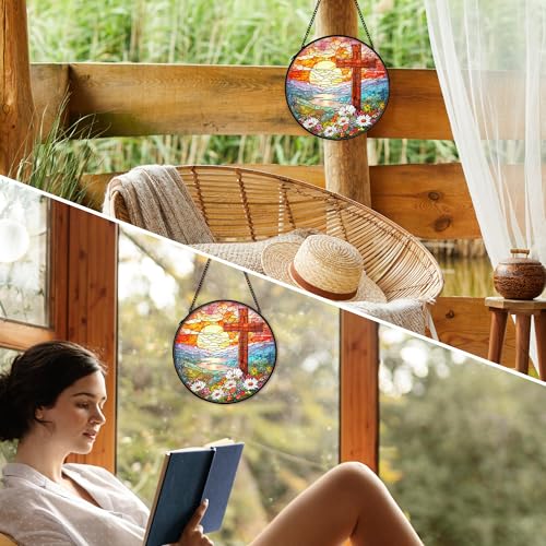 Christian Suncatcher Stained Glass Cross Window Hanging Decor, Christmas Religious Gifts for Women, Easter Landscape Sunrise Mountain Cross Garden Lawn Sun Catchers for Window Hanging,7.9x7.9In Cross4