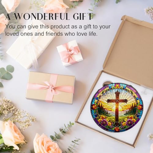 Easter Christian Religious Cross and Floral Design Suncatcher -7.9 in Stained Glass Window Hanging Sun Catcher Garden Decor White