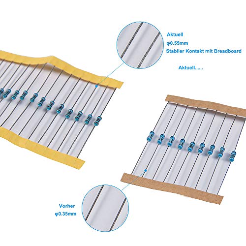 Elegoo 1/4W Metal Film Resistors Assortment Kit, 525 Pieces, 0 Ohm to 10K Ohm | ±1% Tolerance, 17 Values, 0.55mm Pins, 50 Common Values, Color Code Guide, Breadboard Compatible, for DIY & Electronics Projects
