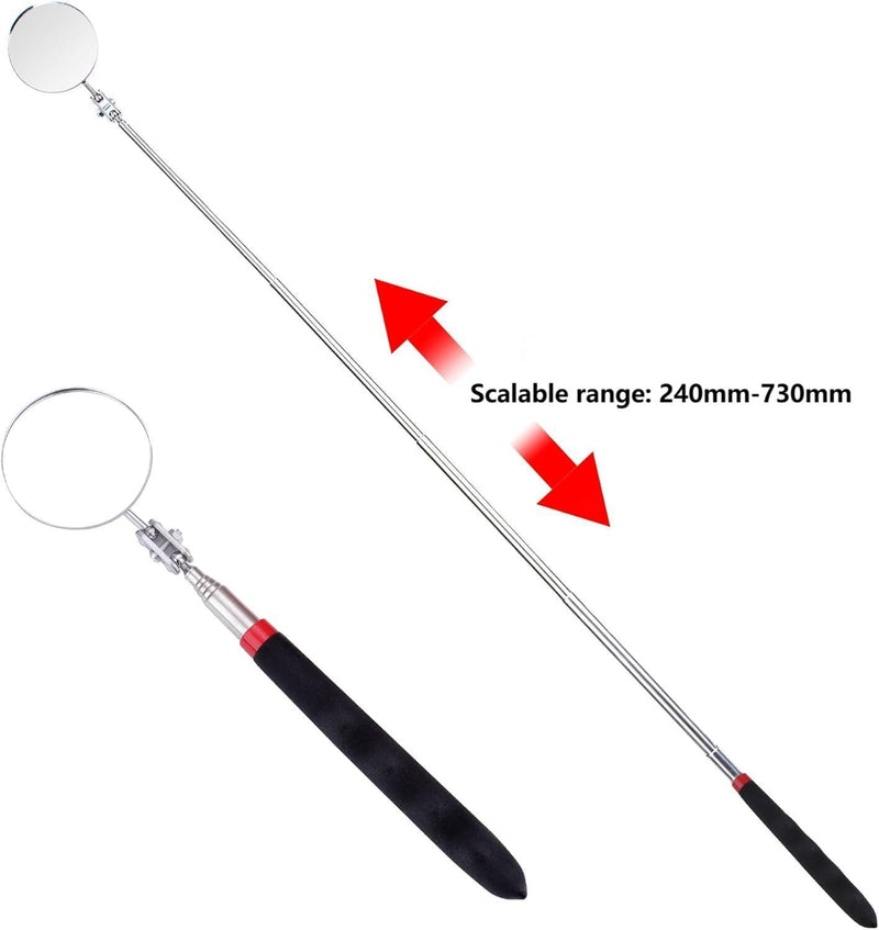 [Australia - AusPower] - 6 Pcs Extended Handle Telescopic Mirror Set - Car Inspection Mirror, 50mm Diameter, Round Handle, 360-Degree Rotation, Stainless Steel Universal Folding Telescopic Round Mirror (Black) 