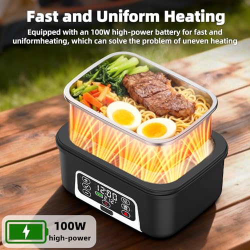 XL 6.3-Cups Cordless Electric Heated Lunch Box for Adults, 20000mAh Rechargeable Battery Powered Smart Self Heating Lunchbox for Men Women, 100W Food Warmer for Trucks Driver Travel Office Worker AA