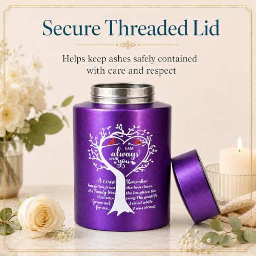 Purple Medium Urns for Human Ashes Up to 60 Cubic Inches, Small Cremation Urn for Ashes Adult Female Male, Decorative Stainless Steel Funeral Burial Memorial Urn with Two Cardinal Birds Purple