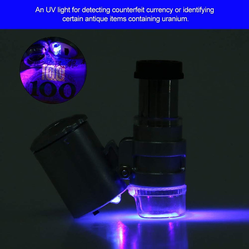 [Australia - AusPower] - FILFEEL 60x Mini Microscope, Pocket Magnifying Glass with LED and UV Light Function for Detection of Counterfeit Currencies and for Use in Jewellery Shops 