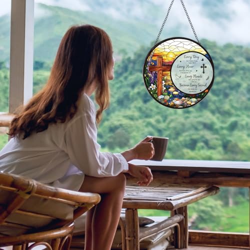 Cross Stained Glass Window Hanging, Bible Catchers Indoor Window Gifts for Grandma Mom Women Men, Christmas Wall Art Decor for Home Garden Doors Cross Bible