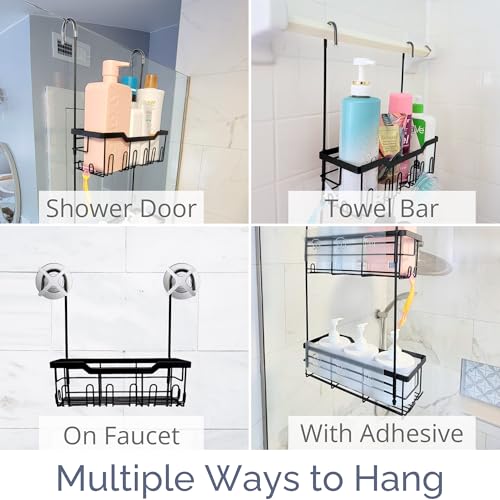 Small Shower Caddy Hanging - Shower Door Caddy Hanging with Rotatable Hooks and Adhesive Mount - Perfect for Bathroom Toiletries - Spacious & Convenient Bathroom Storage Solution 304 Stainless Steel Single Tier - Silver