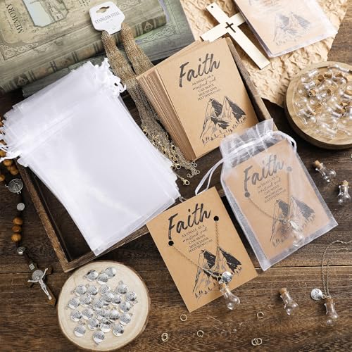 Teenyyou 30 Sets Mustard Seed Necklace Christian Charms Includes 0.5ml Tiny Glass Bottles with Cork and Cards Mustard Seed Gift Christian Gifts for Woman Church Baptism, Not Include Seeds (Gold)