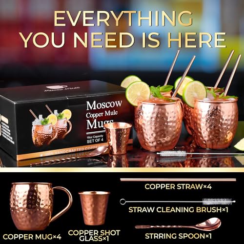 Moscow Mule Mugs, 4pcs Set of 16oz Copper Cups, Handcrafted Traditional Design, Gift Set with Straws, Spoon, Cleaning Brush & Shot Glass, Insulated, Reusable