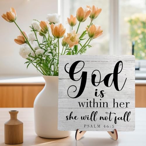 Christian Inspirational Wooden Sign,Bible Verse Psalm 46:5 Wood Plaque Sign, God is Within Her, She Will Not Fail, Christian Decor Bible Verses Sign for Home Office Desk Decor, 5.9x5.9Inches (Grey) Grey