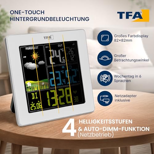 TFA Dostmann SUN2 35.1174 Digital Wireless Weather Station with Outdoor Sensor for Indoor and Outdoor Temperature, Large Color Display, with Living Climate, Includes Radio-Controlled Clock with Date, Hygrometer, with Power Adapter, White