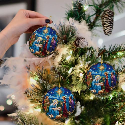 Nativity Ornaments for Christmas Tree - Christian Religious Gifts for Women Scene Decorations Xmas Keepsake Blue Yellow