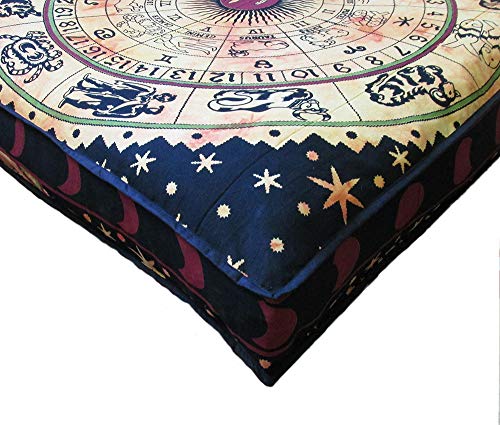 ICC Yellow Zodiac Mandala Barmeri Large Floor Pillow Cover Cushion Meditation Seating Ottoman Throw Cover Hippie Decorative Zipped Bohemian Pouf Ottoman Pom Pom Cases 24" Square 24 Inch Square