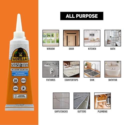 Gorilla Waterproof Silicone Caulk & Seal white sealant in 2.8 oz squeeze tube for kitchen, bath, windows, and doors