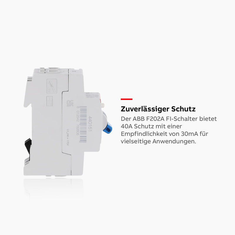 ABB Residual-Current Circuit Breaker 40 °F202A-40/0.03 | FI-Schalter zur Hutschienenmontage - Zuverlässiger Brandschutz durch 0,03A Differenzstrom Industriequalität 2CSF202101R1400 White Single pack