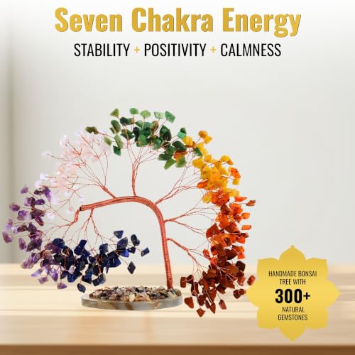 7 Chakra Crystal Tree of Life for Positive Energy, Home & Office Decor – Handmade Gemstone Money Tree with Slice Base, Feng Shui Good Luck Gift for Birthday, Anniversary, Christmas, Housewarming