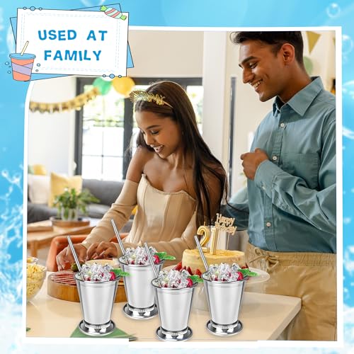 5 Set Mint Julep Cups with Straws 12 oz Stainless Steel Beaded Mint Julep Glasses with 2 Straw Brushes for Summer Party Juice Drinks Bars Camping