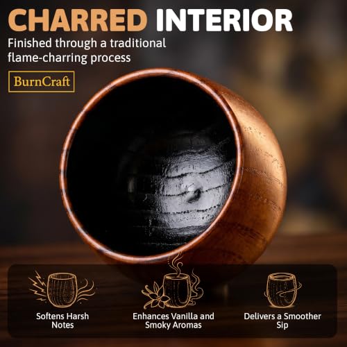 Charred Wooden Whiskey Glass Set of 2 - Artisan Bourbon Tumbler for Men - Natural Wood Drinking Cup for Whiskey Lovers - Gift for Husband, Father, Brother or Boyfriend - Gifts for Men and Father’s Day