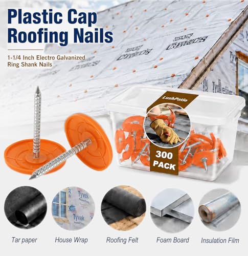 Plastic Cap Roofing Nails 1 1/4 - Galvanized Nails for Tar Paper House Wrap 300 Orange 300