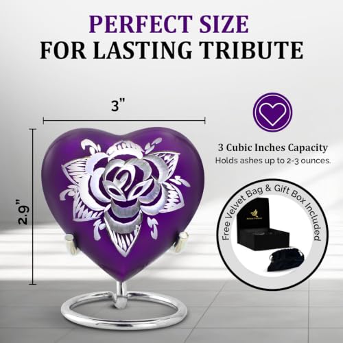 Rose Heart Shaped Keepsake Urn for Human Ashes - Mini Memorial Urn with Display Stand, Velvet Bag & Premium Gift Box - Engraved Metal Urn for Baby, Boy, Girl, Parents, Loved Ones (Purple, Small) Purple
