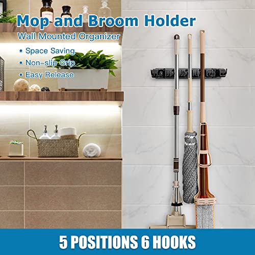 ibell Pack of 2 Broom Holder Wall, Tool Holder Wall Mount with 10 Holders and 12 Hooks, Broom Holder, Tool Holder, Garden Tool Holder, Organizer for Home, Kitchen, Bathroom, Garage, Garden 2 pieces Black