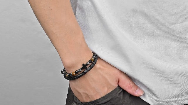 VNOX Rosary Bracelet for Men with Hematite,Mens Christian Cross Bracelet JOSHUA19
