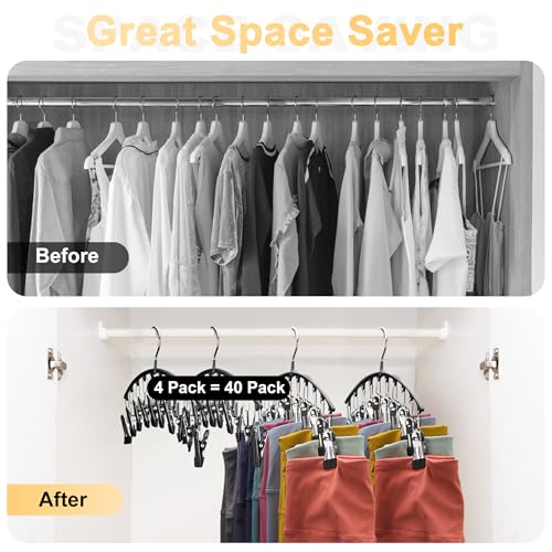 Legging Organizer for Closet, Metal Yoga Pants Hangers 4 Pack w/10 Clips Holds 40 Leggings, Space Saving Hanging Closet Organizer w/Rubber Coated Closet Organizers and Storage, Black