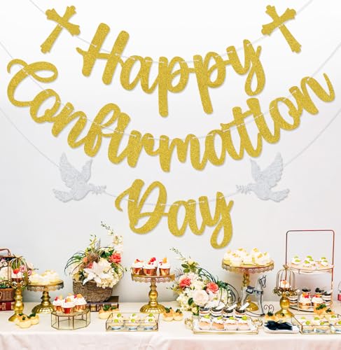 Happy Confirmation Day Banner First Holy Communion Decorations Religious Christening Wedding Baby Shower Birthday Party Decorations Gold